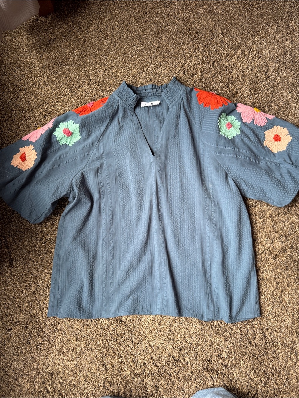 THML Slate Blue Top with Multicolor Floral Embroidery